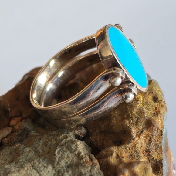 Sterling Silver Reversible Inlay Set Oval Red Coral & Turquoise Ring Size 7.75 - Picture 11 of 15